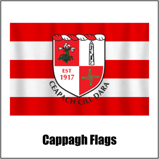 Cappagh Flags, featuring the club crest and red and white colours; County Kildare GAA. ClubFlags.ie.