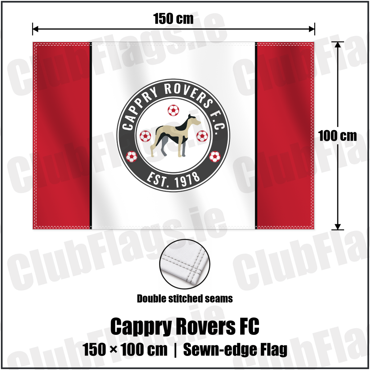 Cappry Rovers FC 100cm x 150cm Flag (sewn on the edges) with the club crest and colours, Donegal Football - ClubFlags.ie