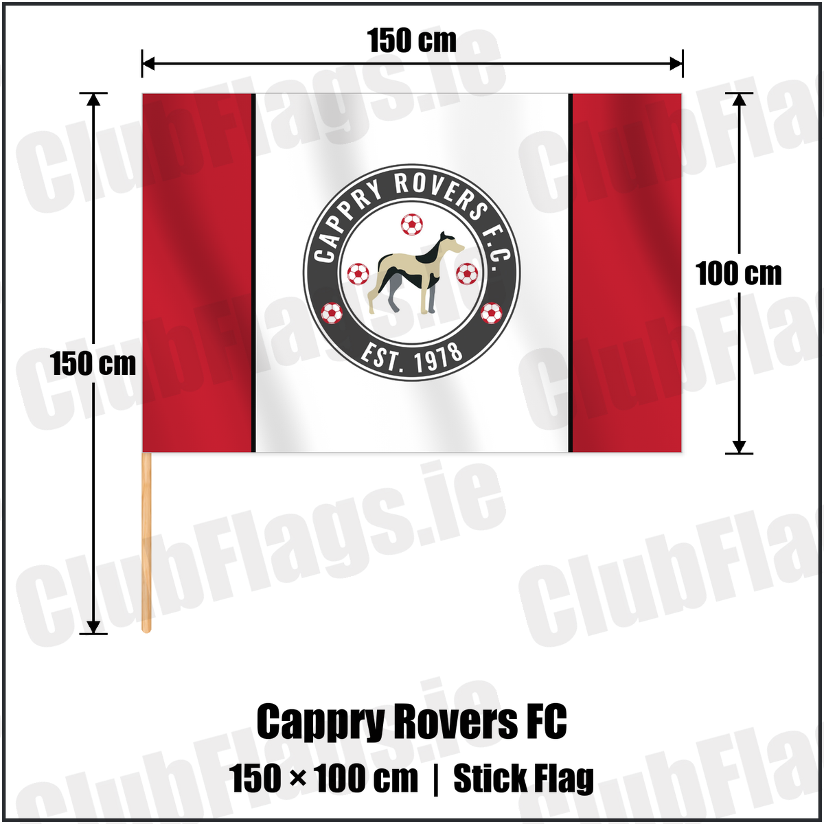 Cappry Rovers FC 100cm x 150cm Stick Flag with the club crest and colours, Donegal Football - ClubFlags.ie