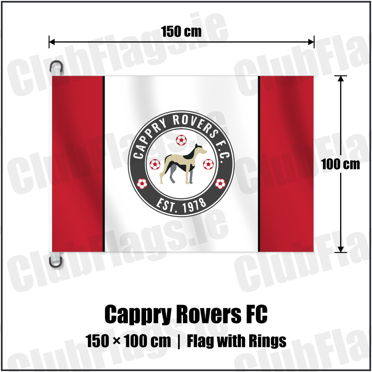 Cappry Rovers FC 150cm x 100cm Flag Pole Flag with Rings with the club crest and colours, Donegal Football - ClubFlags.ie