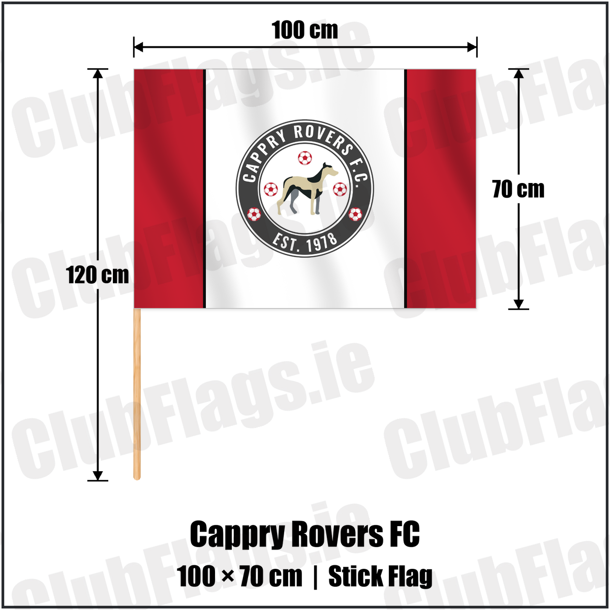 Cappry Rovers FC 70cm x 100cm Stick Flag with the club crest and colours, Donegal Football - ClubFlags.ie