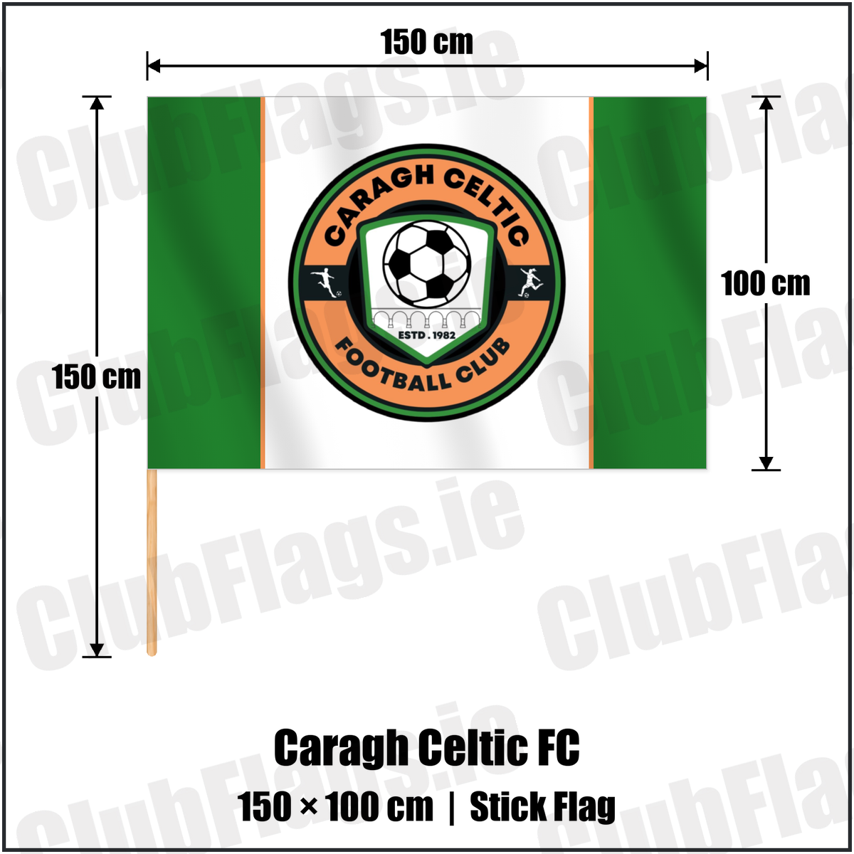 Caragh Celtic FC 100cm x 150cm Stick Flag with the verified club crest and colours, Kildare Football - ClubFlags.ie