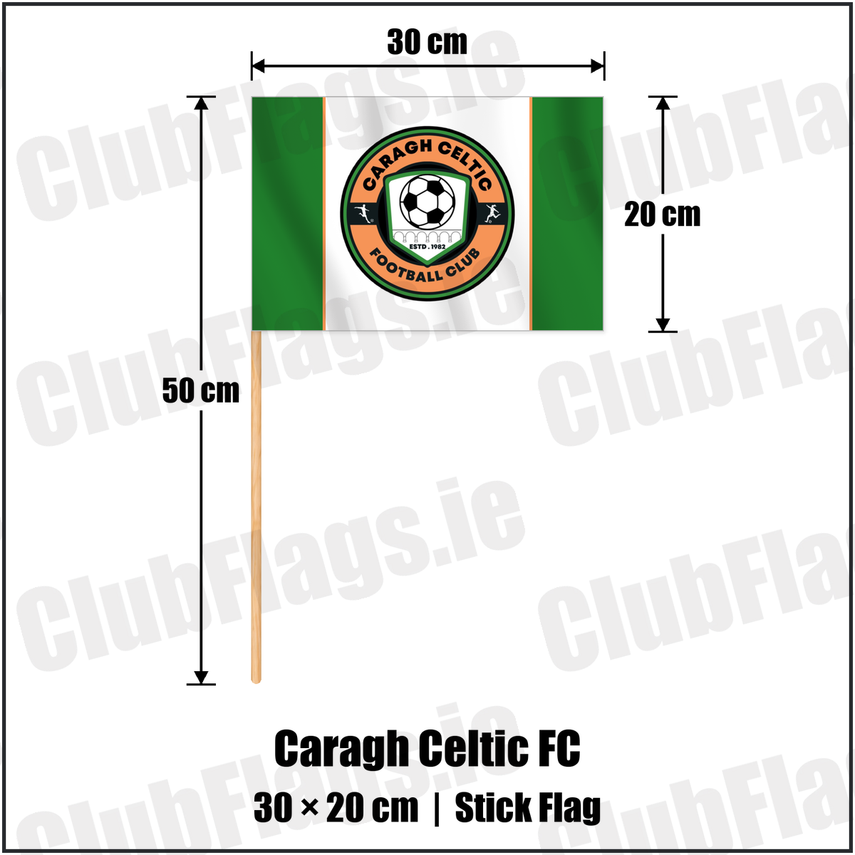 Caragh Celtic FC 20cm x 30cm Stick Flag with the verified club crest and colours, Kildare Football - ClubFlags.ie
