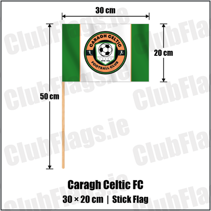 Caragh Celtic FC 20cm x 30cm Stick Flag with the verified club crest and colours, Kildare Football - ClubFlags.ie