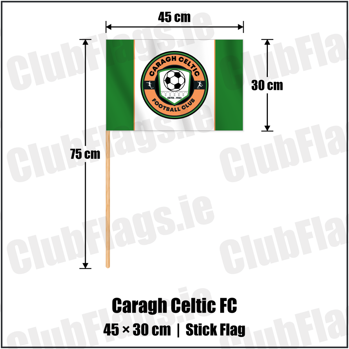 Caragh Celtic FC 30cm x 45cm Stick Flag with the verified club crest and colours, Kildare Football - ClubFlags.ie