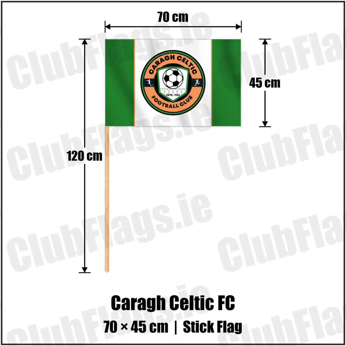 Caragh Celtic FC 45cm x 70cm Stick Flag with the verified club crest and colours, Kildare Football - ClubFlags.ie