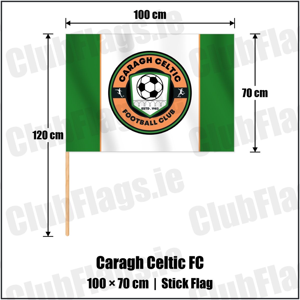 Caragh Celtic FC 70cm x 100cm Stick Flag with the verified club crest and colours, Kildare Football - ClubFlags.ie