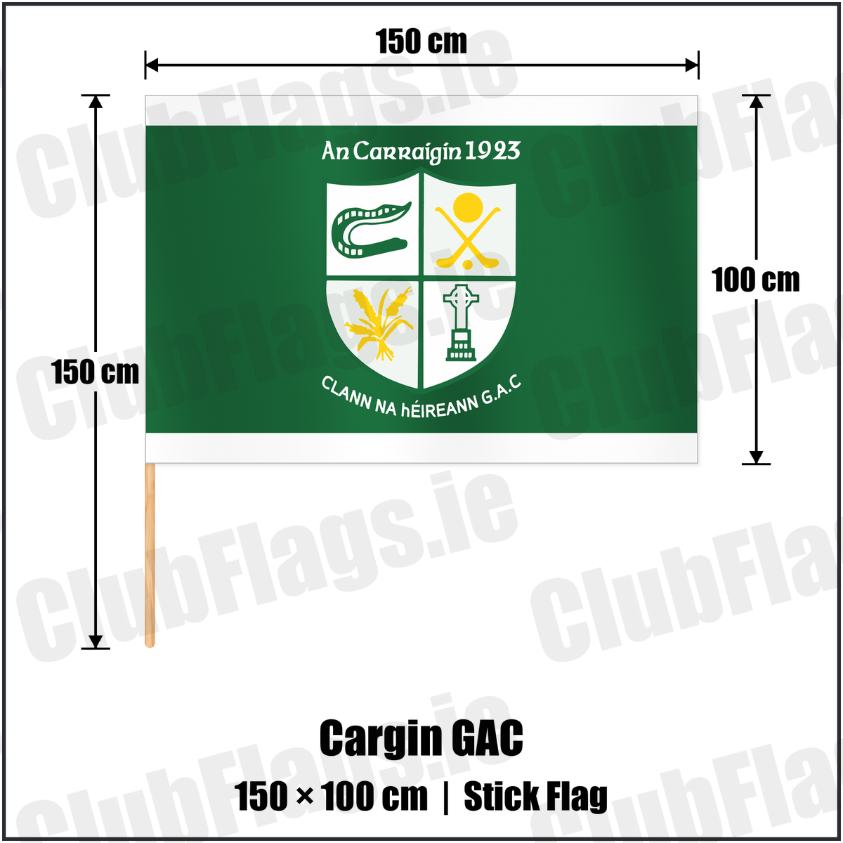 Cargin GAC 100cm x 150cm Stick Flag with the club crest and colours, Antrim GAA - ClubFlags.ie