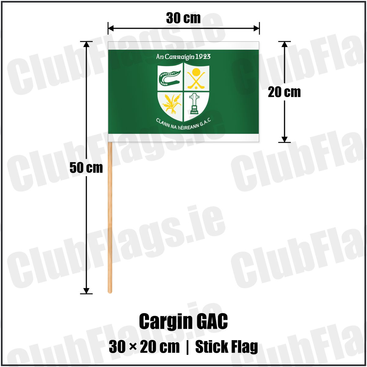 Cargin GAC 20cm x 30cm Stick Flag with the club crest and colours, Antrim GAA - ClubFlags.ie