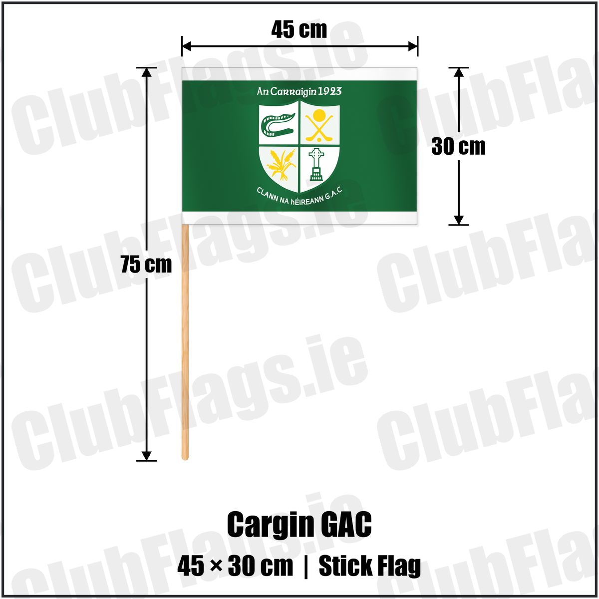 Cargin GAC 30cm x 45cm Stick Flag with the club crest and colours, Antrim GAA - ClubFlags.ie