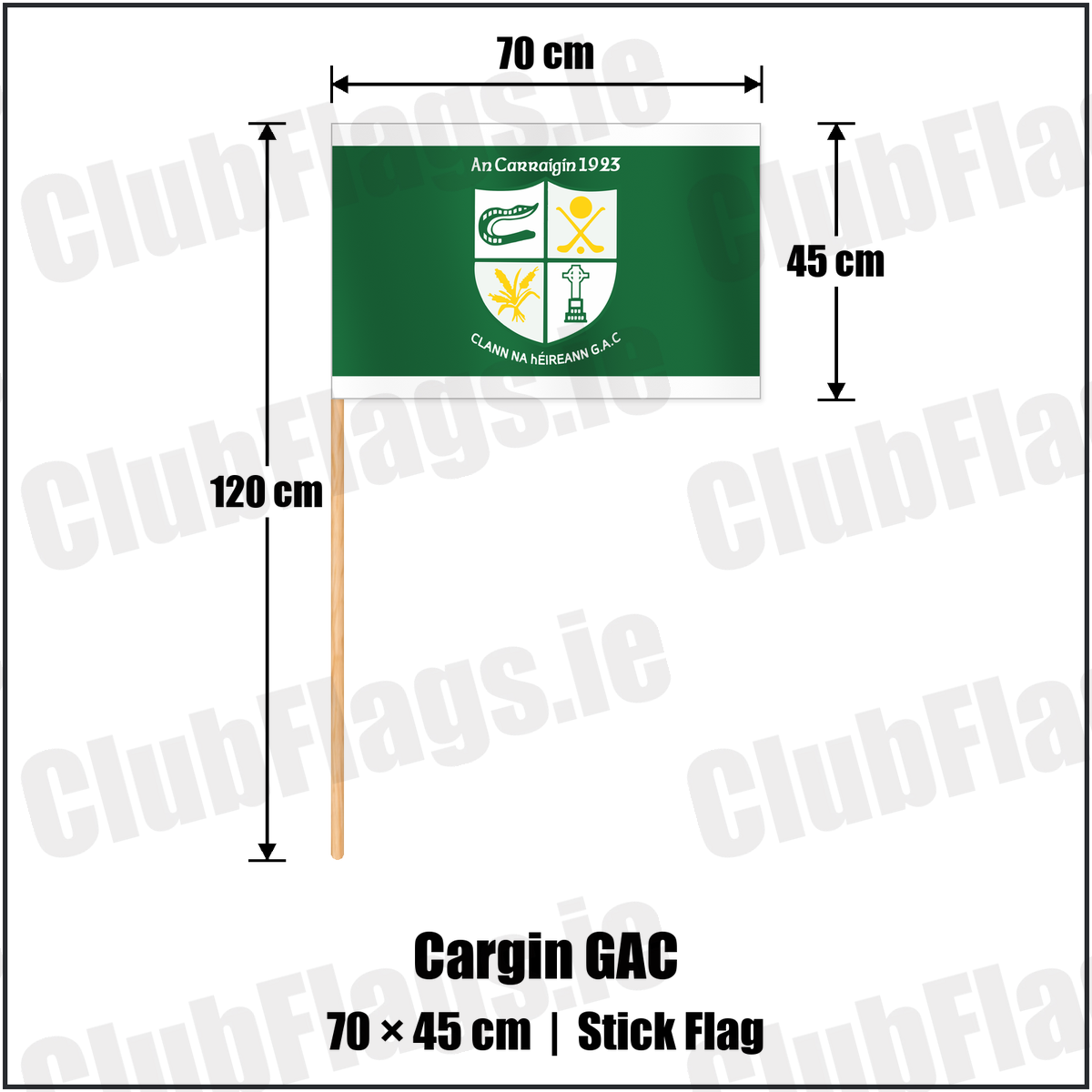 Cargin GAC 45cm x 70cm Stick Flag with the club crest and colours, Antrim GAA - ClubFlags.ie