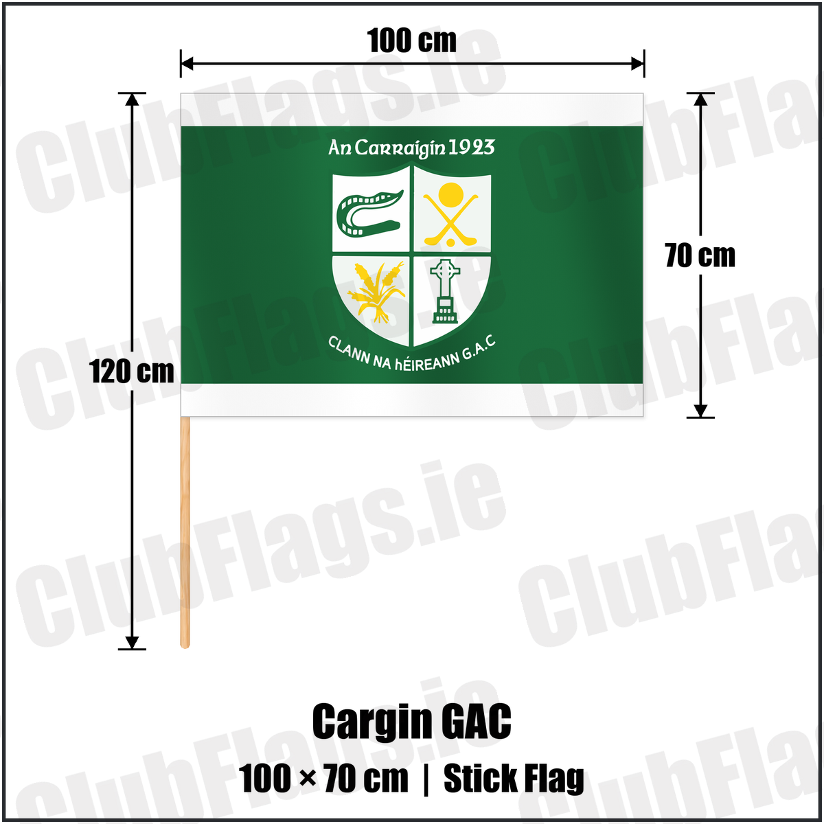 Cargin GAC 70cm x 100cm Stick Flag with the club crest and colours, Antrim GAA - ClubFlags.ie