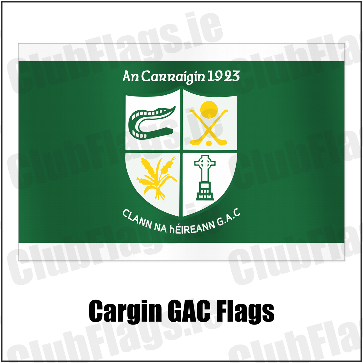 Cargin GAC Flags with the club crest and colours, Antrim GAA - ClubFlags.ie
