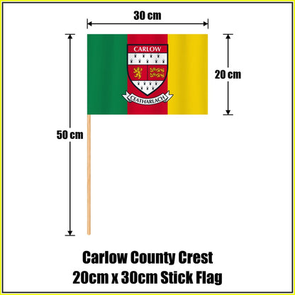 Carlow county crest 20 × 30 cm stick flag in green, red and yellow, with a 50 cm wooden stick and dimension arrows.
