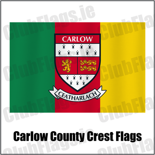 Carlow county crest flag in green, red and yellow, with county name and crest.