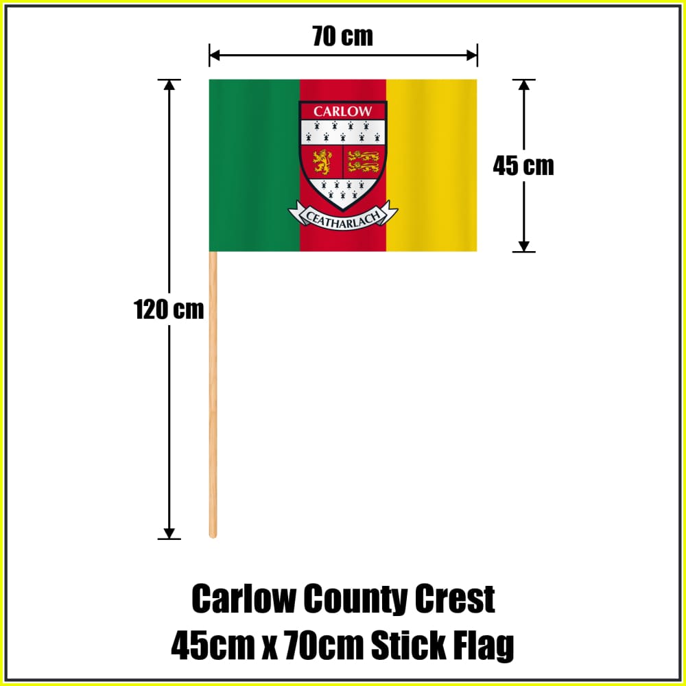 Carlow county crest 45 × 70 cm stick flag in green, red and yellow, with a 120 cm wooden stick and dimension arrows.