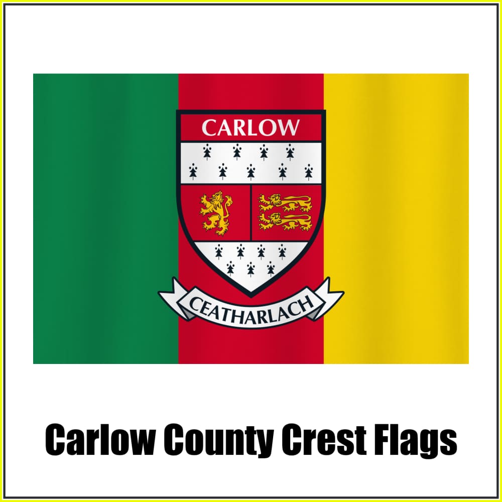Carlow county crest flag in green, red and yellow, with county name and crest.