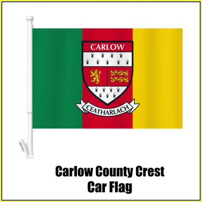 Carlow county crest car flag in green, red and yellow, on a white plastic window mount.