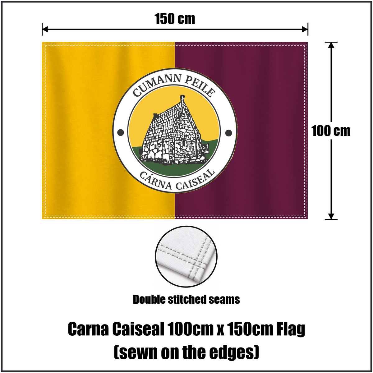 Carna Caiseal 100cm x 150cm Flag (sewn on the edges), featuring the club crest and amber and maroon colours; County Galway GAA. ClubFlags.ie.