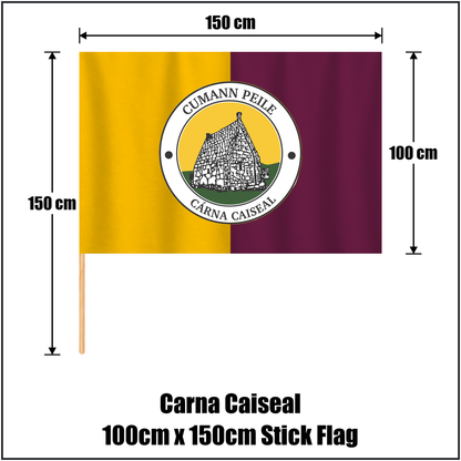 Carna Caiseal 100cm x 150cm Stick Flag, featuring the club crest and amber and maroon colours; County Galway GAA. ClubFlags.ie.