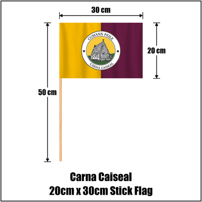 Carna Caiseal 20cm x 30cm Stick Flag, featuring the club crest and amber and maroon colours; County Galway GAA. ClubFlags.ie.