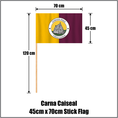 Carna Caiseal 45cm x 70cm Stick Flag, featuring the club crest and amber and maroon colours; County Galway GAA. ClubFlags.ie.