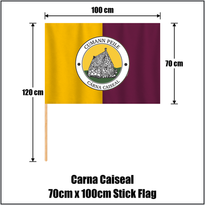 Carna Caiseal 70cm x 100cm Stick Flag, featuring the club crest and amber and maroon colours; County Galway GAA. ClubFlags.ie.
