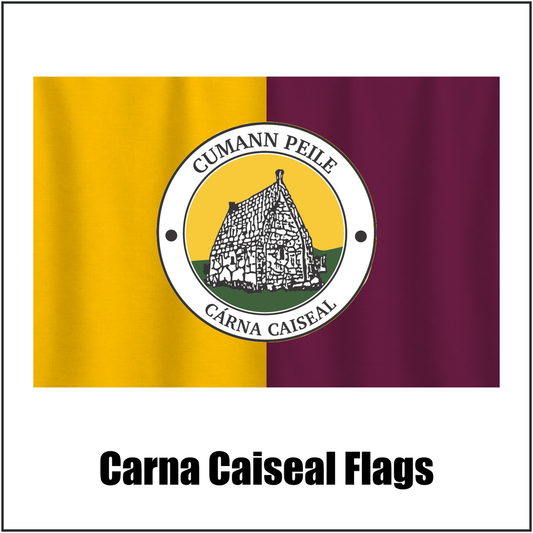 Carna Caiseal Flags, featuring the club crest and amber and maroon colours; County Galway GAA. ClubFlags.ie.