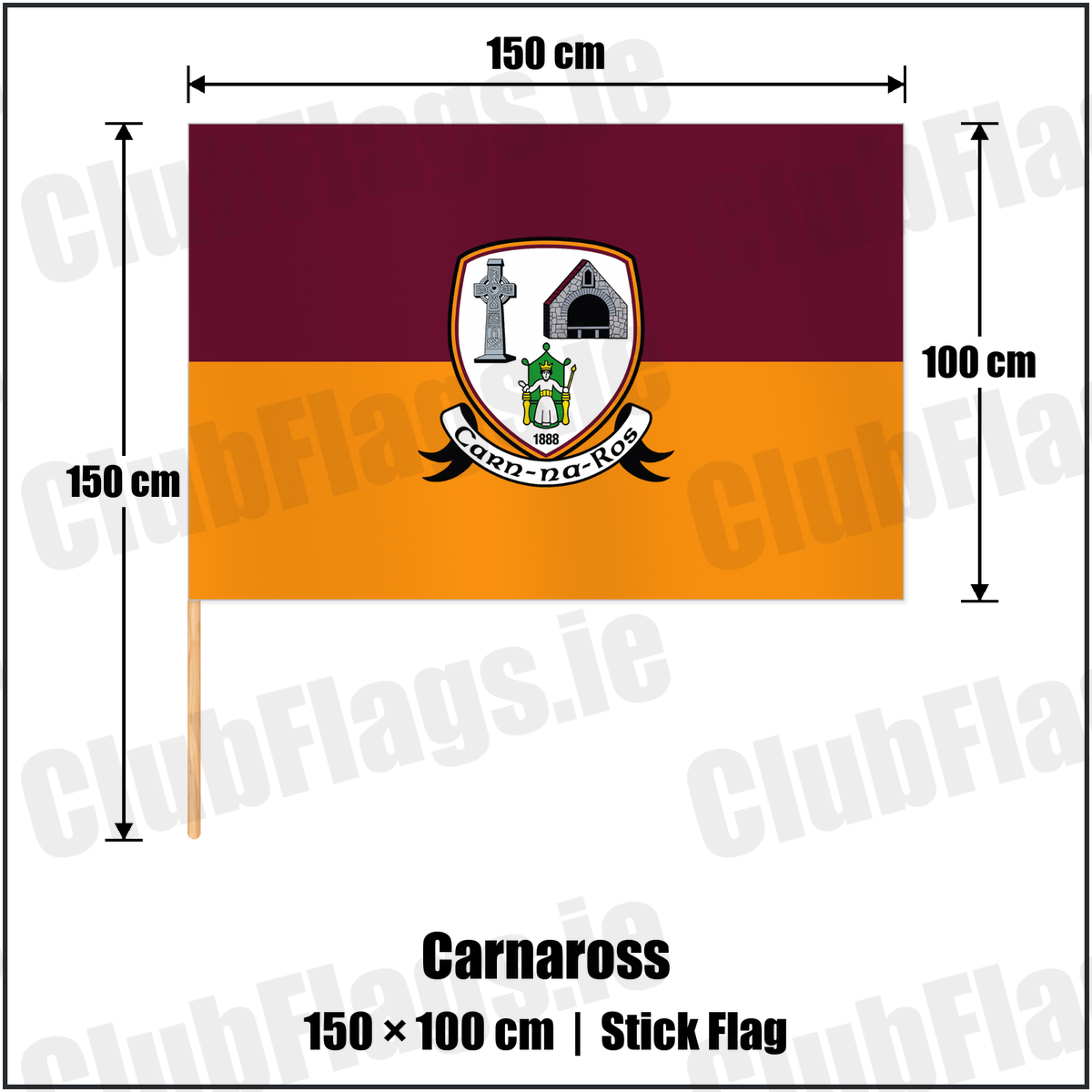 Carnaross 100cm x 150cm Stick Flag with the club crest and colours, Meath GAA - ClubFlags.ie