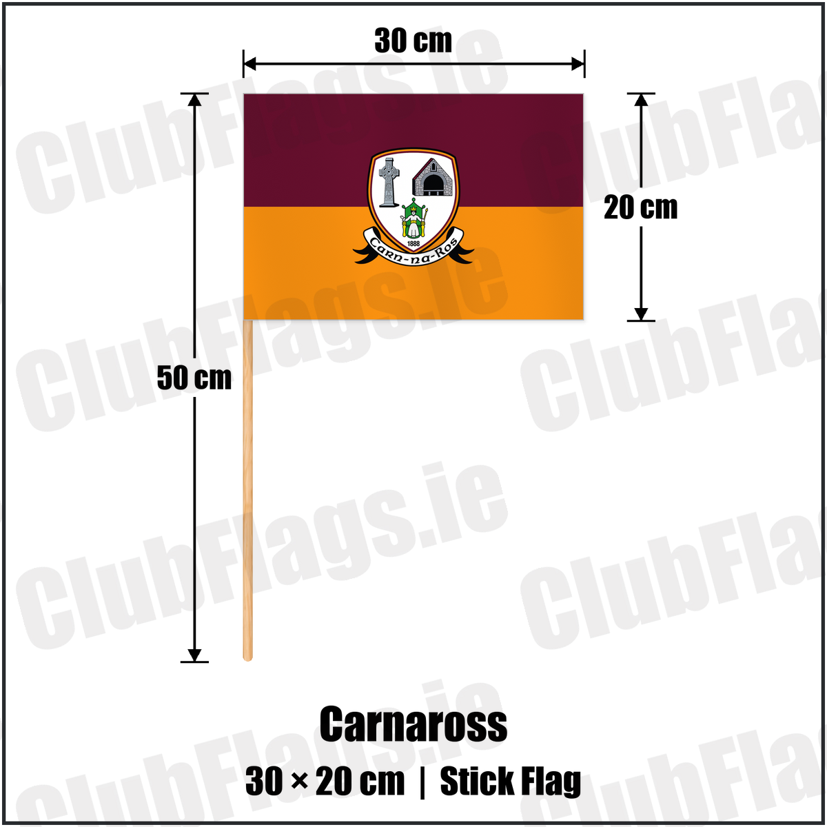 Carnaross 20cm x 30cm Stick Flag with the club crest and colours, Meath GAA - ClubFlags.ie