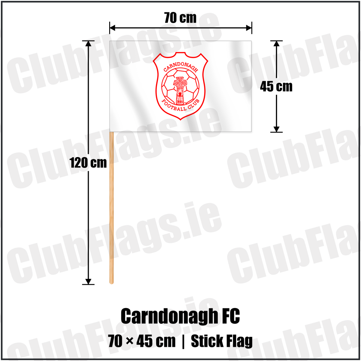 Carndonagh FC 45cm x 70cm Stick Flag with the club crest and colours, Donegal Football - ClubFlags.ie