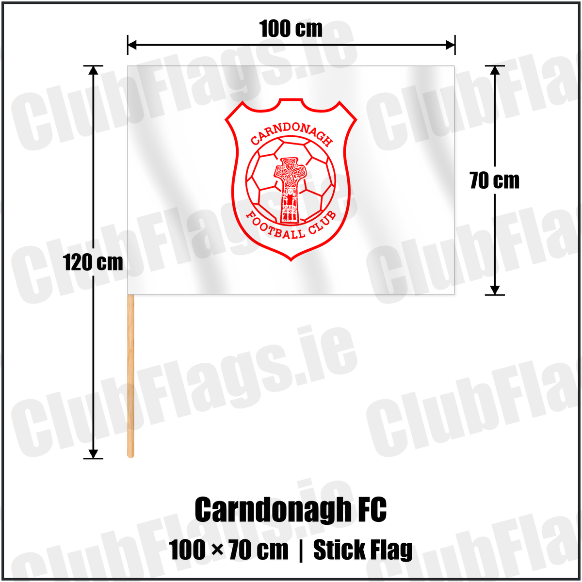 Carndonagh FC 70cm x 100cm Stick Flag with the club crest and colours, Donegal Football - ClubFlags.ie