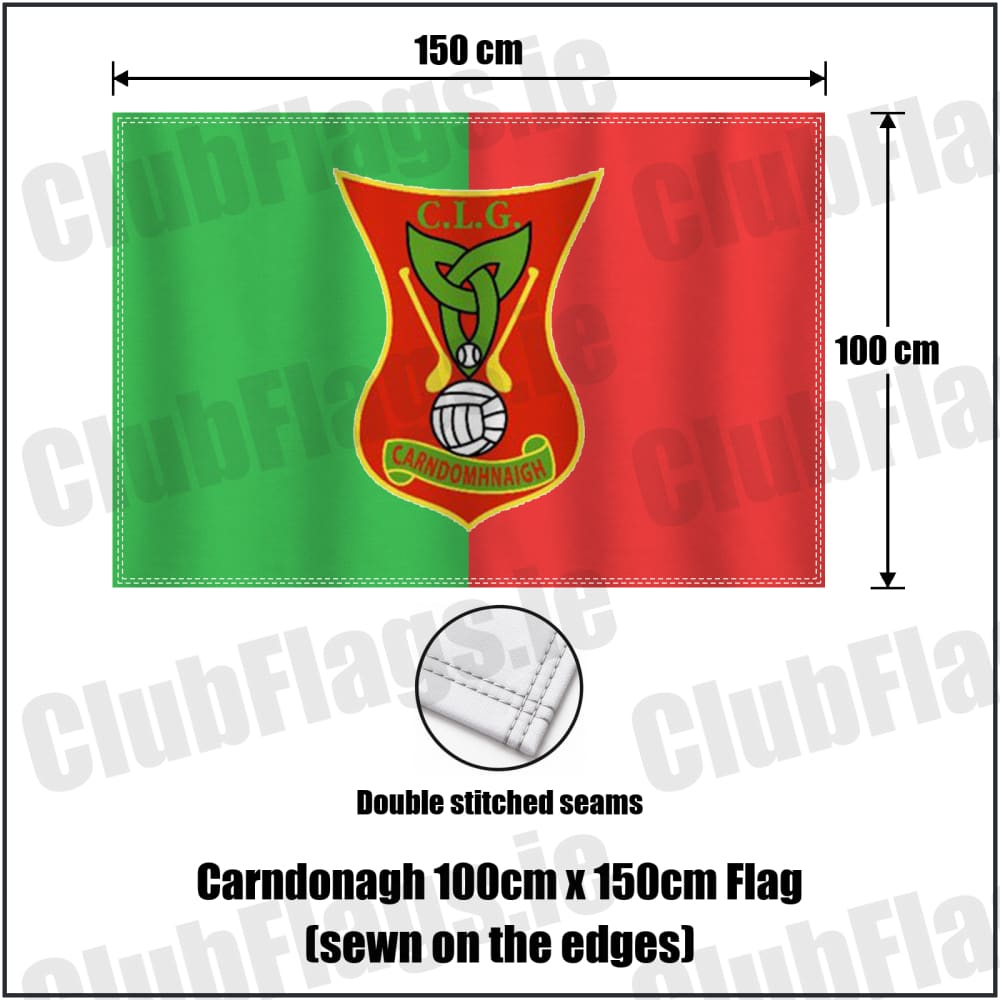 Carndonagh 100cm x 150cm Flag (sewn on the edges) in green and red, featuring the club crest on realistic fabric with gentle vertical folds; County Donegal GAA. ClubFlags.ie.