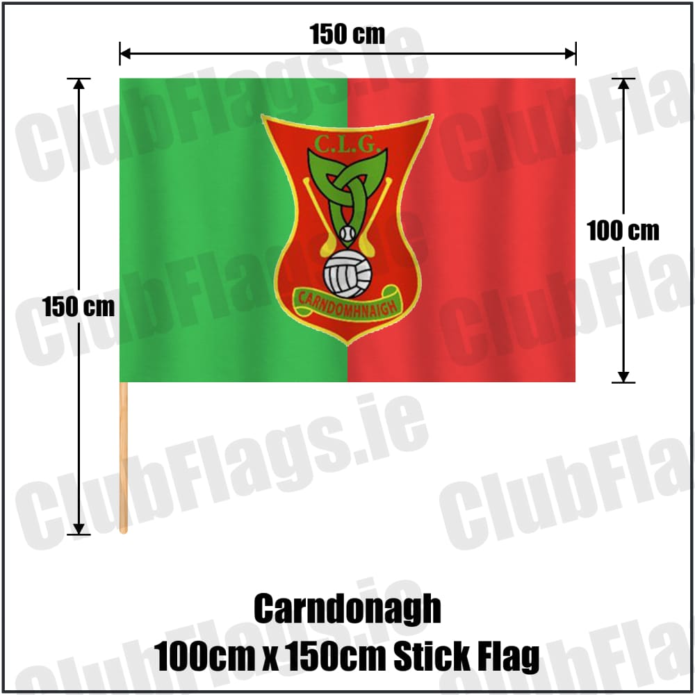 Carndonagh 100cm x 150cm Stick Flag in green and red, featuring the club crest on realistic fabric with gentle vertical folds; County Donegal GAA. ClubFlags.ie.