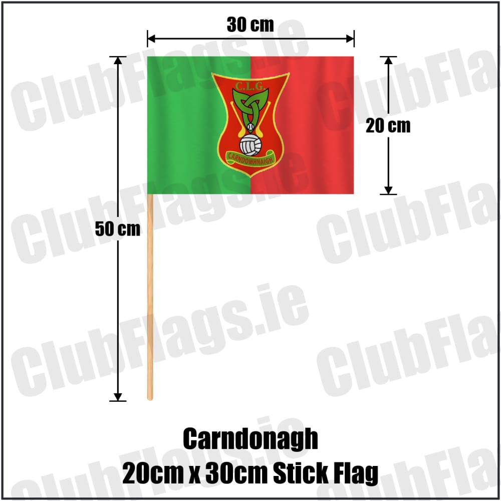 Carndonagh 20cm x 30cm Stick Flag in green and red, featuring the club crest on realistic fabric with gentle vertical folds; County Donegal GAA. ClubFlags.ie.