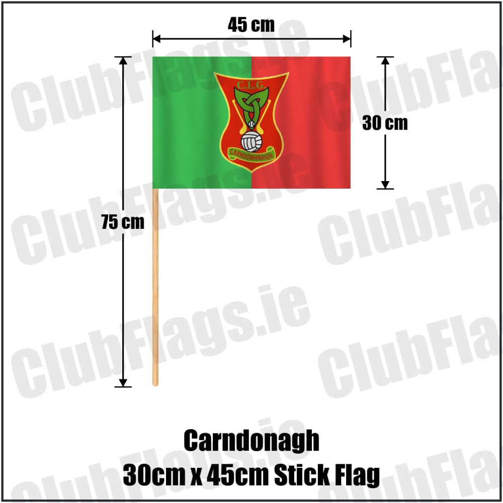 Carndonagh 30cm x 45cm Stick Flag in green and red, featuring the club crest on realistic fabric with gentle vertical folds; County Donegal GAA. ClubFlags.ie.