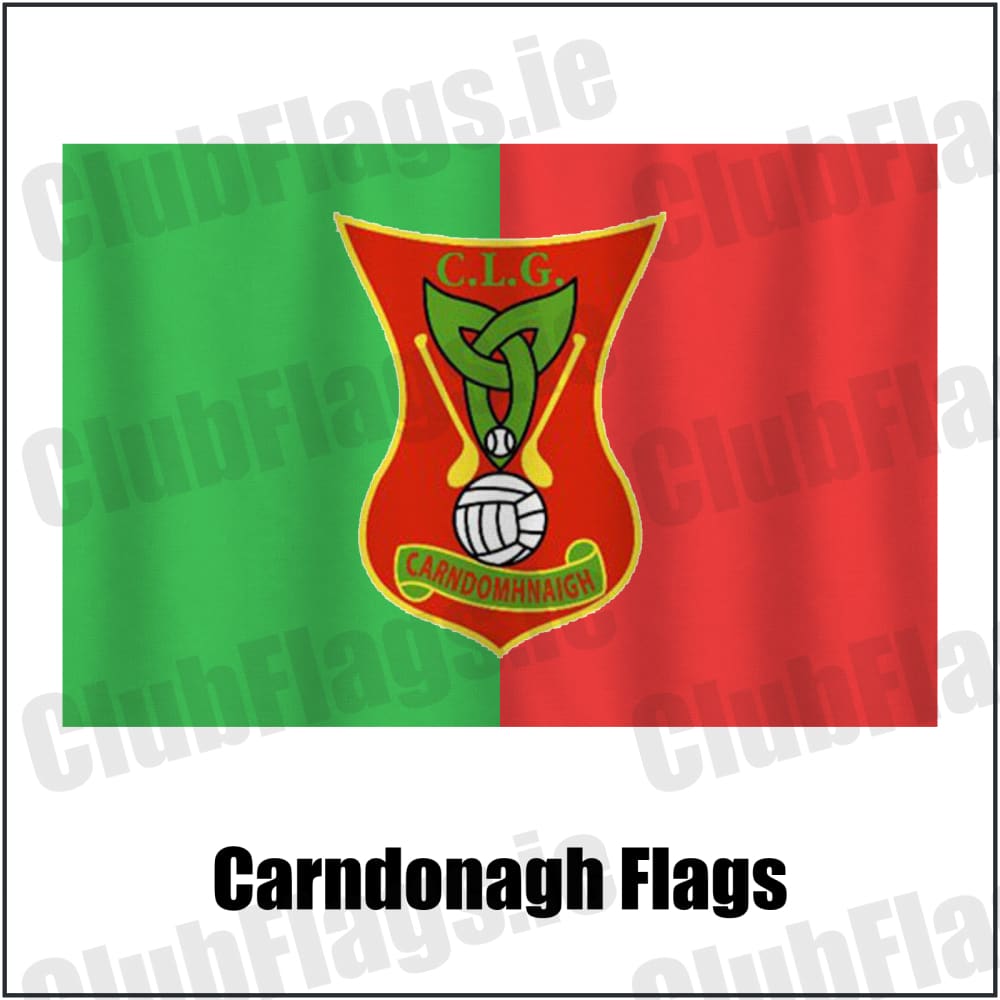 Carndonagh Flags in green and red, featuring the club crest on realistic fabric with gentle vertical folds; County Donegal GAA. ClubFlags.ie.