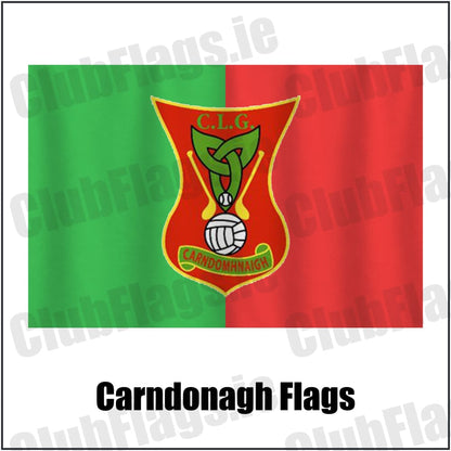 Carndonagh Flags in green and red, featuring the club crest on realistic fabric with gentle vertical folds; County Donegal GAA. ClubFlags.ie.
