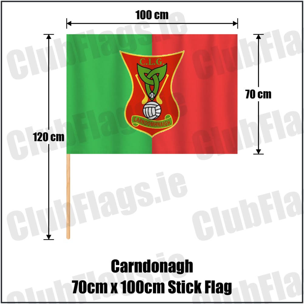 Carndonagh 70cm x 100cm Stick Flag in green and red, featuring the club crest on realistic fabric with gentle vertical folds; County Donegal GAA. ClubFlags.ie.