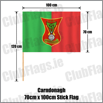Carndonagh 70cm x 100cm Stick Flag in green and red, featuring the club crest on realistic fabric with gentle vertical folds; County Donegal GAA. ClubFlags.ie.