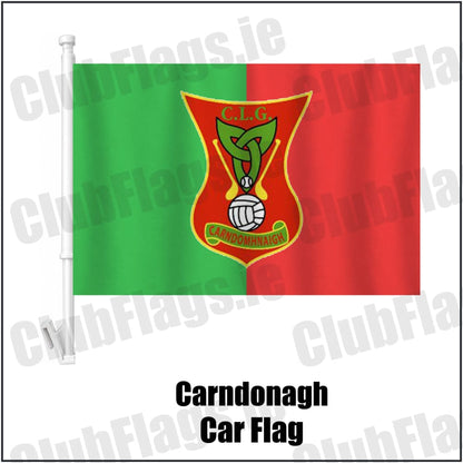 Carndonagh Car Flag in green and red, featuring the club crest on realistic fabric with gentle vertical folds; County Donegal GAA. ClubFlags.ie.