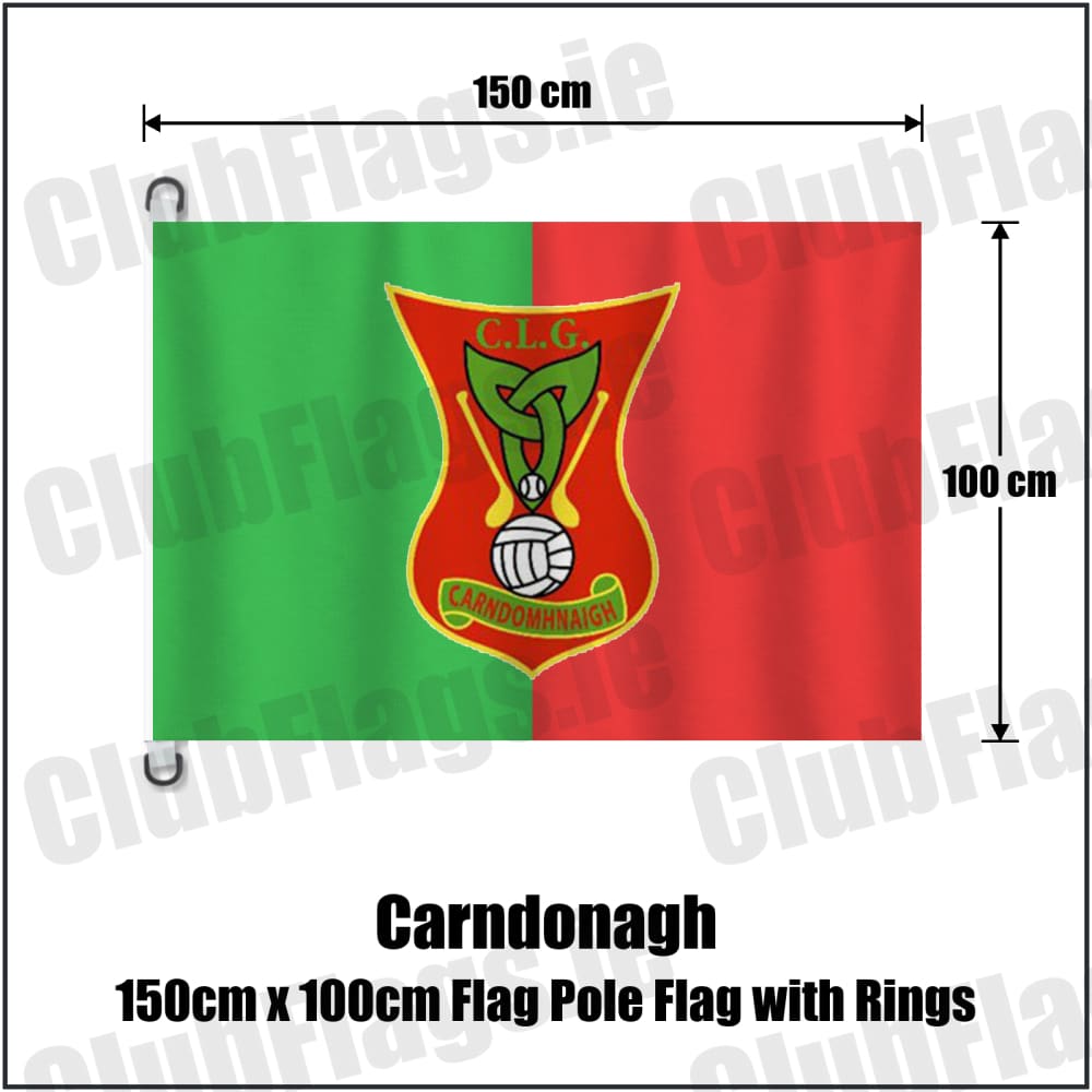 Carndonagh 150cm x 100cm Flag Pole Flag with Rings in green and red, featuring the club crest on realistic fabric with gentle vertical folds; County Donegal GAA. ClubFlags.ie.