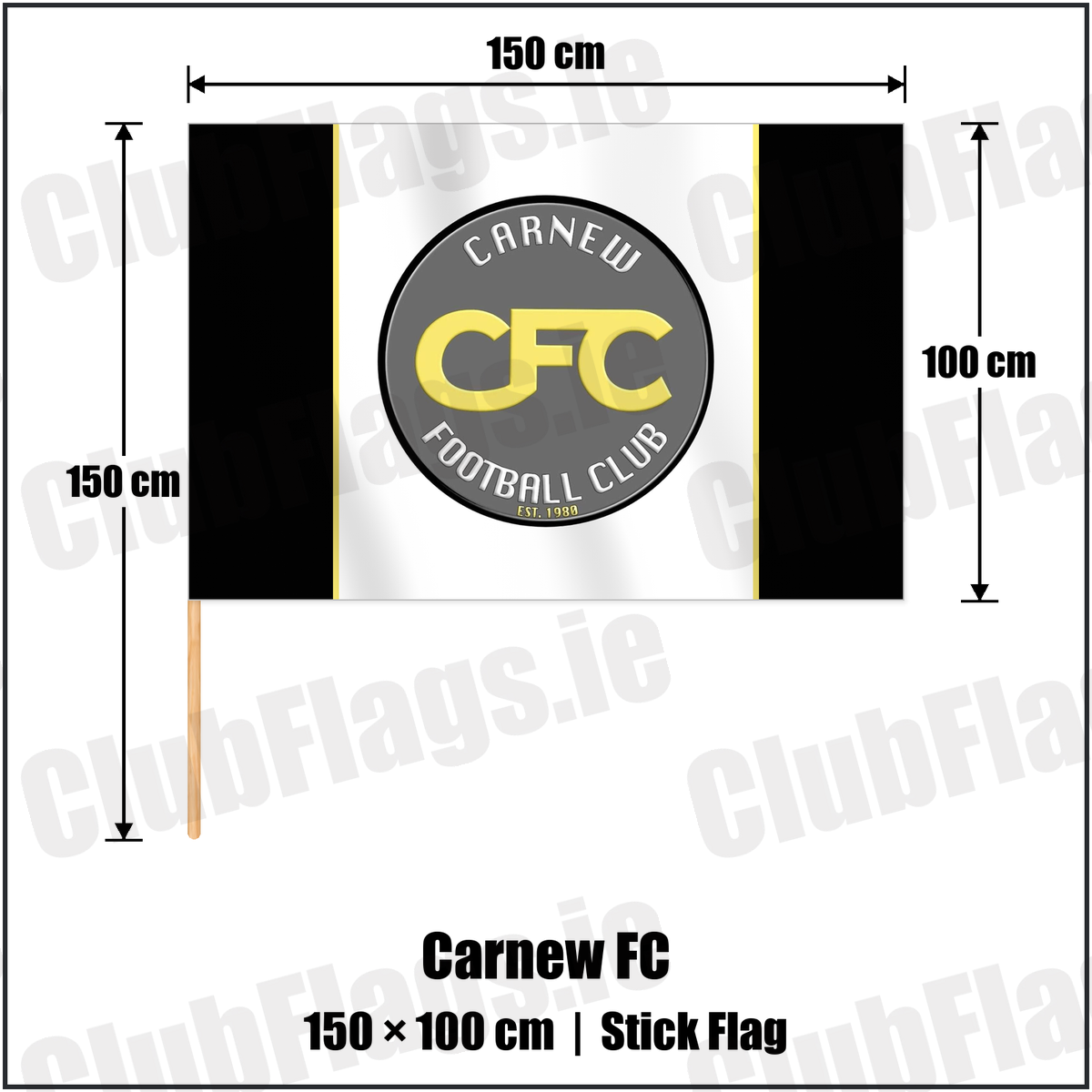 Carnew FC 100cm x 150cm Stick Flag with the club crest and colours, Wicklow Football - ClubFlags.ie