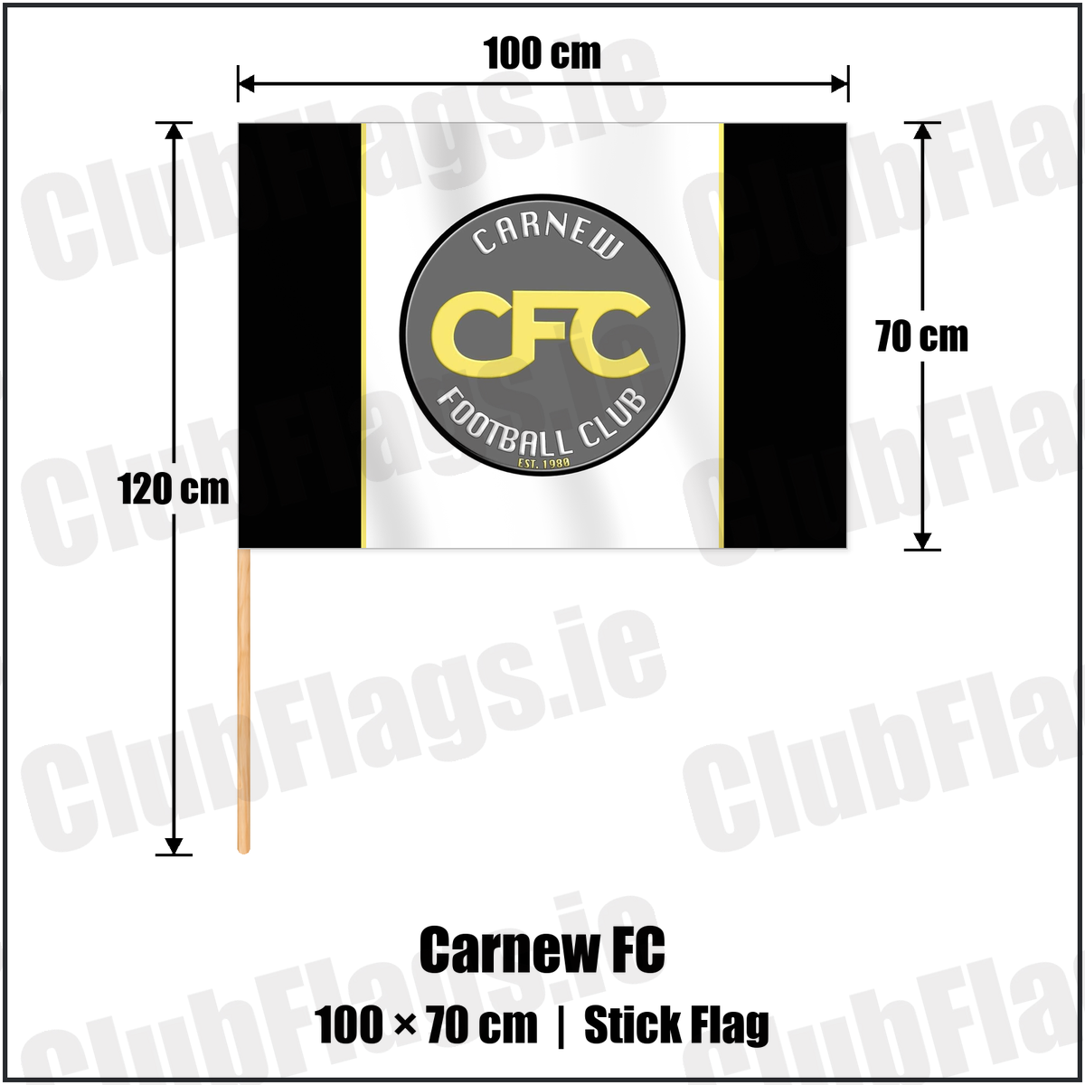 Carnew FC 70cm x 100cm Stick Flag with the club crest and colours, Wicklow Football - ClubFlags.ie