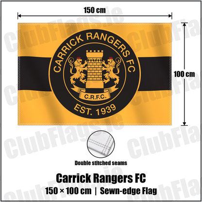 Carrick Rangers FC 100cm x 150cm Flag (sewn on the edges) with the club crest and colours, Antrim Football - ClubFlags.ie