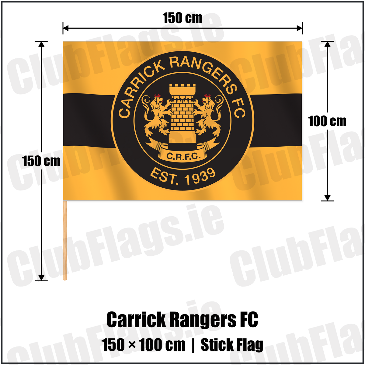 Carrick Rangers FC 100cm x 150cm Stick Flag with the club crest and colours, Antrim Football - ClubFlags.ie