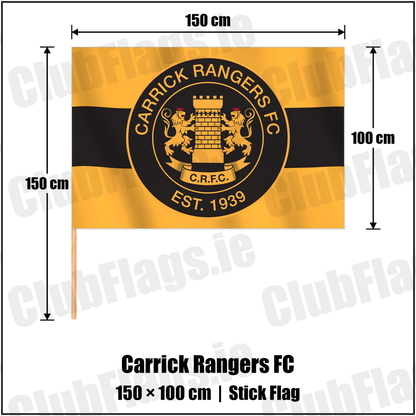 Carrick Rangers FC 100cm x 150cm Stick Flag with the club crest and colours, Antrim Football - ClubFlags.ie