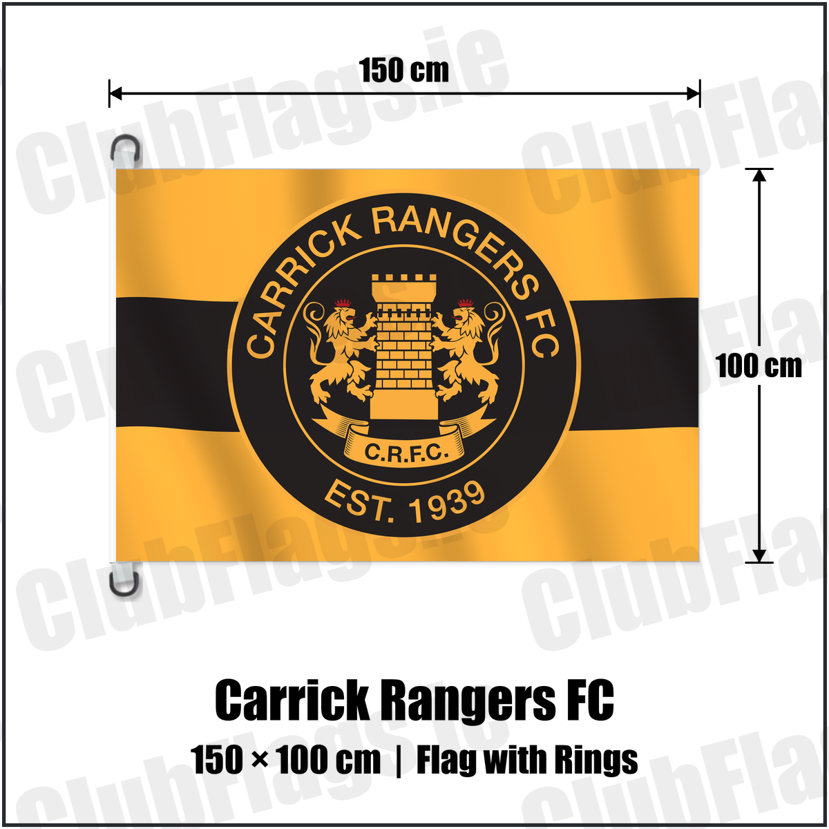 Carrick Rangers FC 150cm x 100cm Flag Pole Flag with Rings with the club crest and colours, Antrim Football - ClubFlags.ie