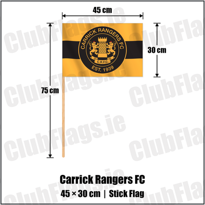 Carrick Rangers FC 30cm x 45cm Stick Flag with the club crest and colours, Antrim Football - ClubFlags.ie
