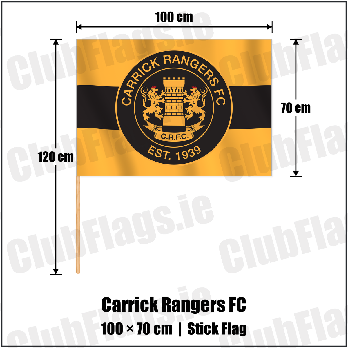 Carrick Rangers FC 70cm x 100cm Stick Flag with the club crest and colours, Antrim Football - ClubFlags.ie